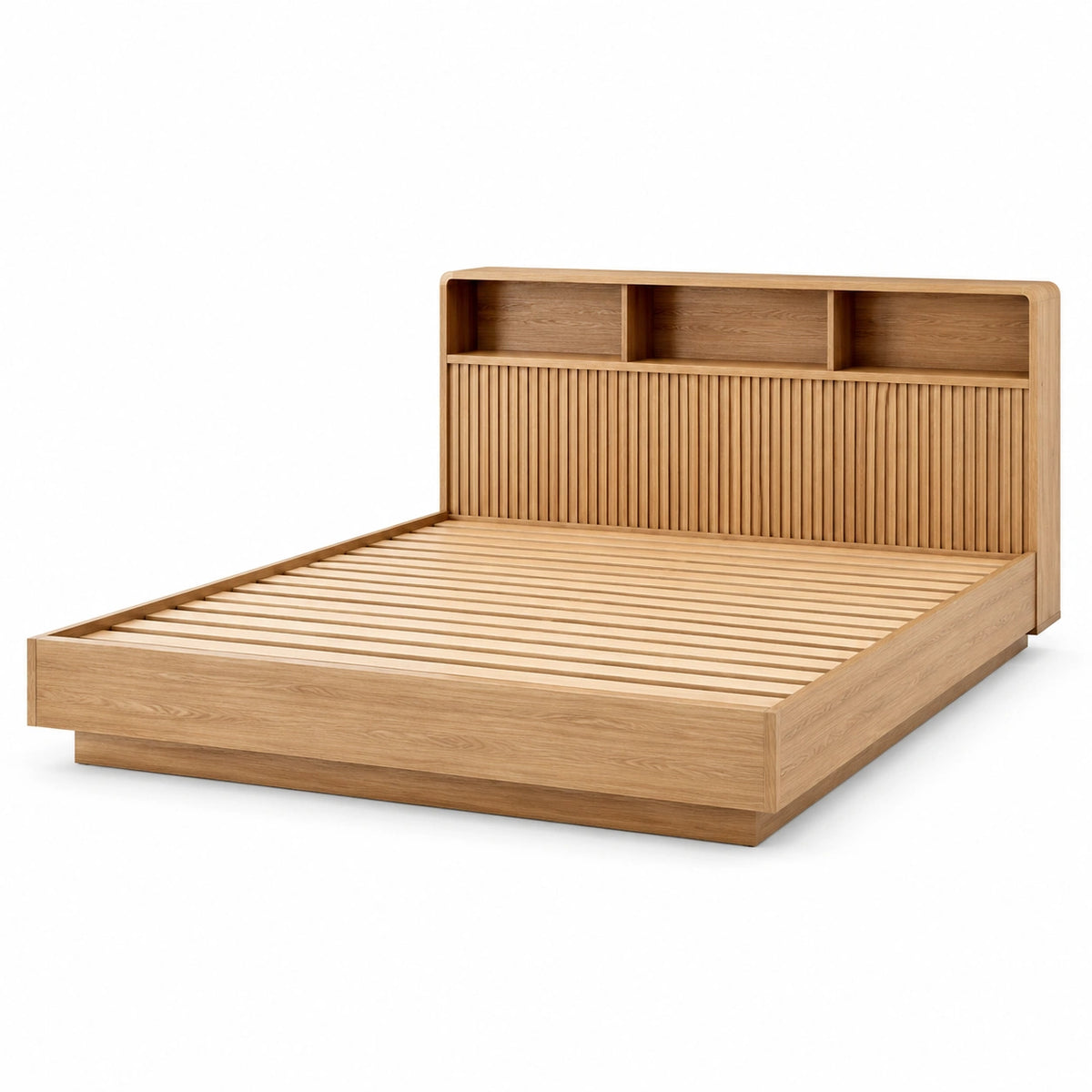 Doppelbettgestell Eiche Natur mit Regal-Kopfteil und Lattenrost, 220 × 190 × 120 cm, für Matratze 180 × 200 cm