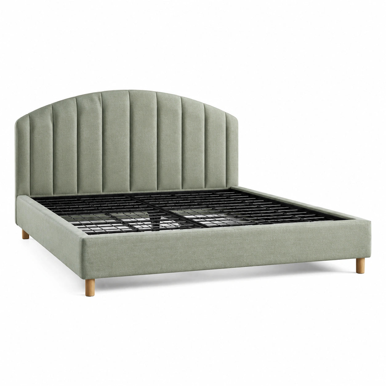 Modernes Polsterbett 160 × 200 cm in Salbeigrün mit bogenförmigem, vertikal gestepptem Kopfteil