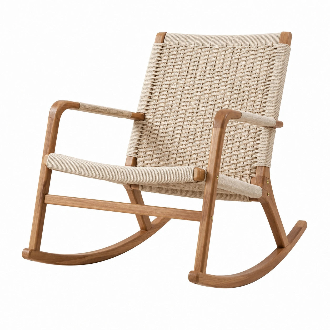 Schaukelstuhl aus Holz mit Seilgeflecht und Armlehnen, Natur und Beige, 70 × 92 × 101 cm