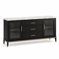 Sideboard aus Holzwerkstoff mit Riffelglas und Marmoroptik, Schwarz, Weiß und Gold, 160 × 40 × 80 cm