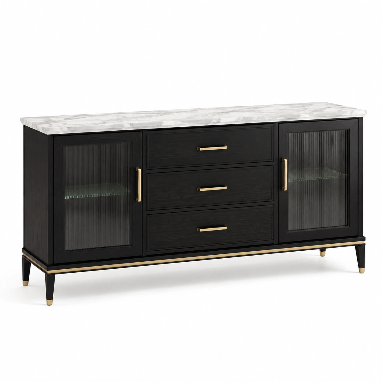Sideboard aus Holzwerkstoff mit Riffelglas und Marmoroptik, Schwarz, Weiß und Gold, 160 × 40 × 80 cm