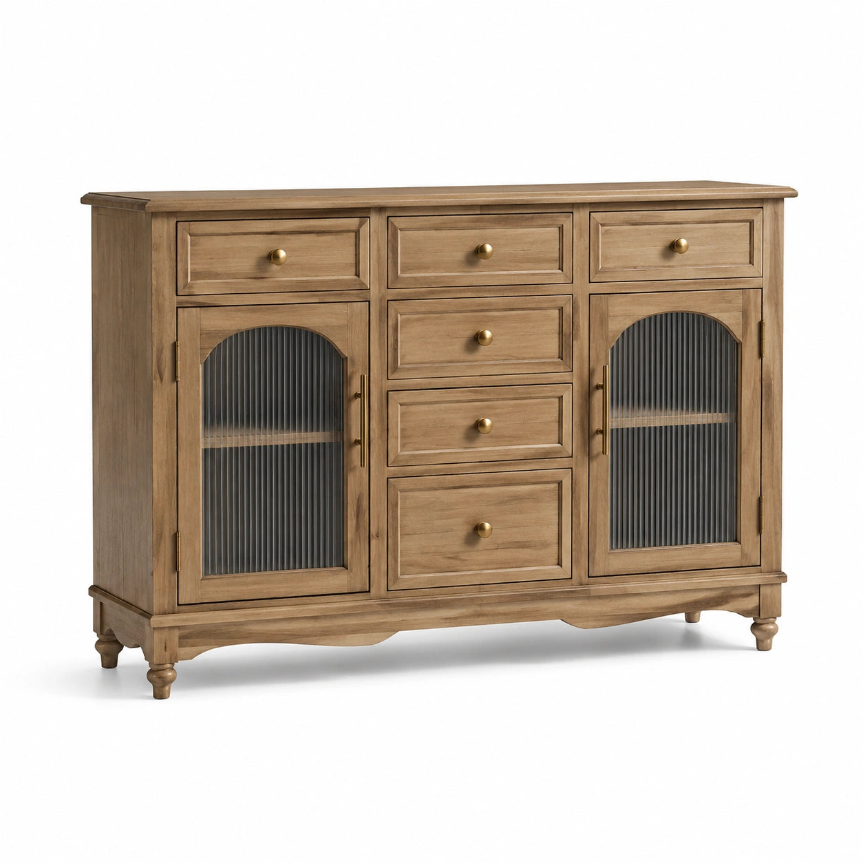 Sideboard im Landhausstil, Braun, 150 × 40 × 100 cm, mit 6 Schubladen und 2 geriffelten Glastüren