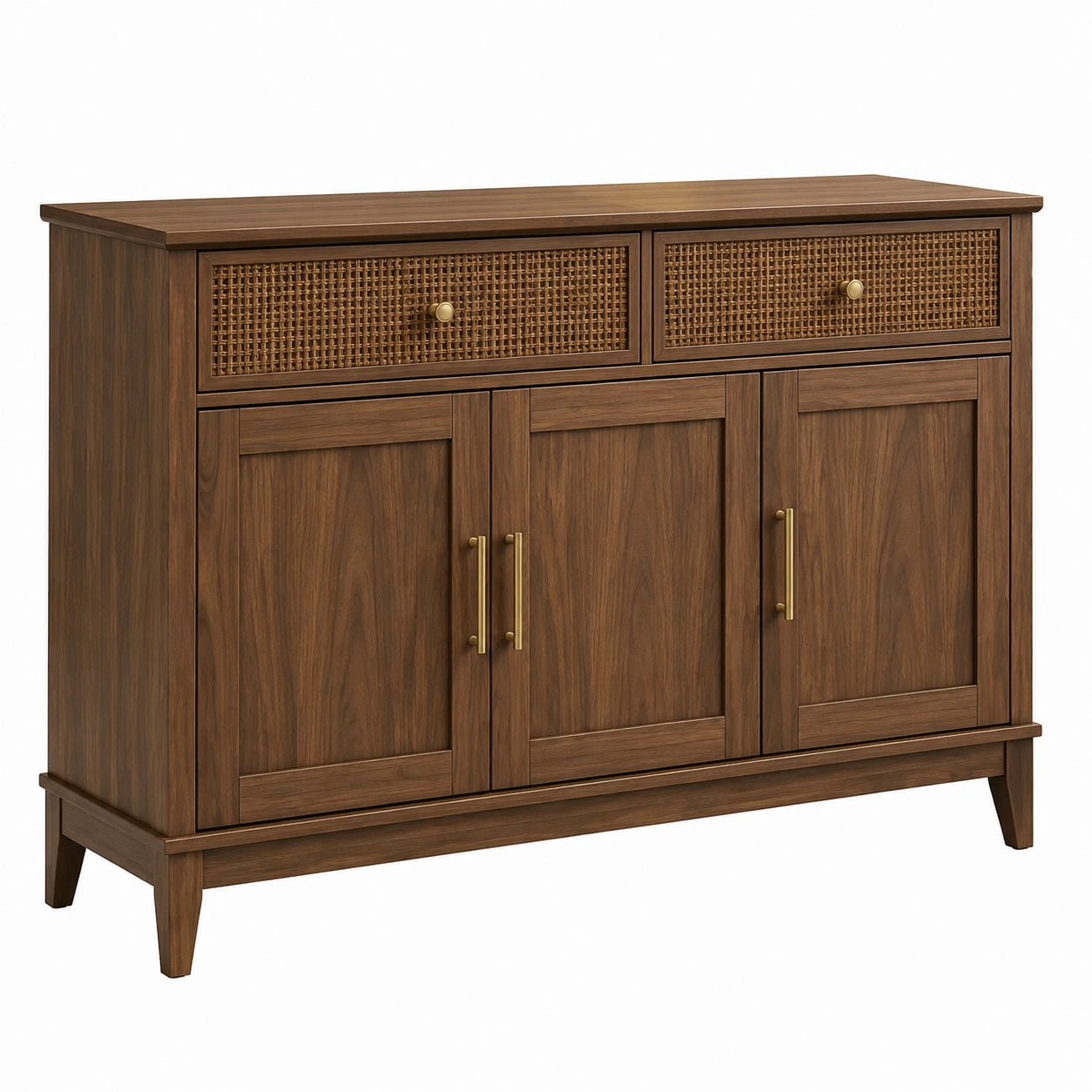 Sideboard aus Holzwerkstoff mit Rattangeflecht, Braun und Messingfarben, 140 × 40 × 90 cm, 3 Türen und 2 Schubladen