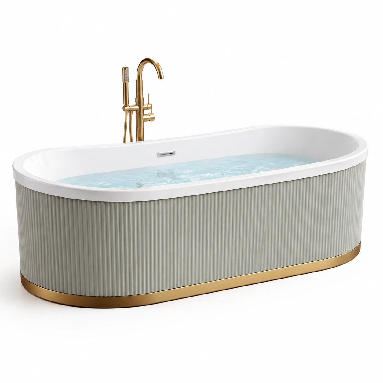 Freistehende ovale Acryl-Badewanne, 170 × 80 × 60 cm, Weiß/Grau/Goldfarben, mit geriffelter Verkleidung