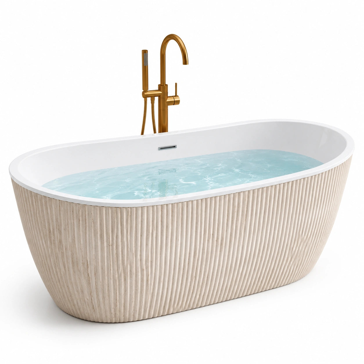 Freistehende ovale Acryl-Badewanne 170 × 80 × 58 cm in Beige und Weiß mit geriffelter Außenverkleidung