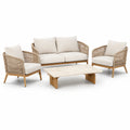 4-teilige Garten-Sitzgruppe in Beige, Natur und Cremeweiß – Zweisitzer 158 × 82 × 78 cm, 2 Sessel 77 × 82 × 76 cm, Tisch 110 × 65 × 35 cm