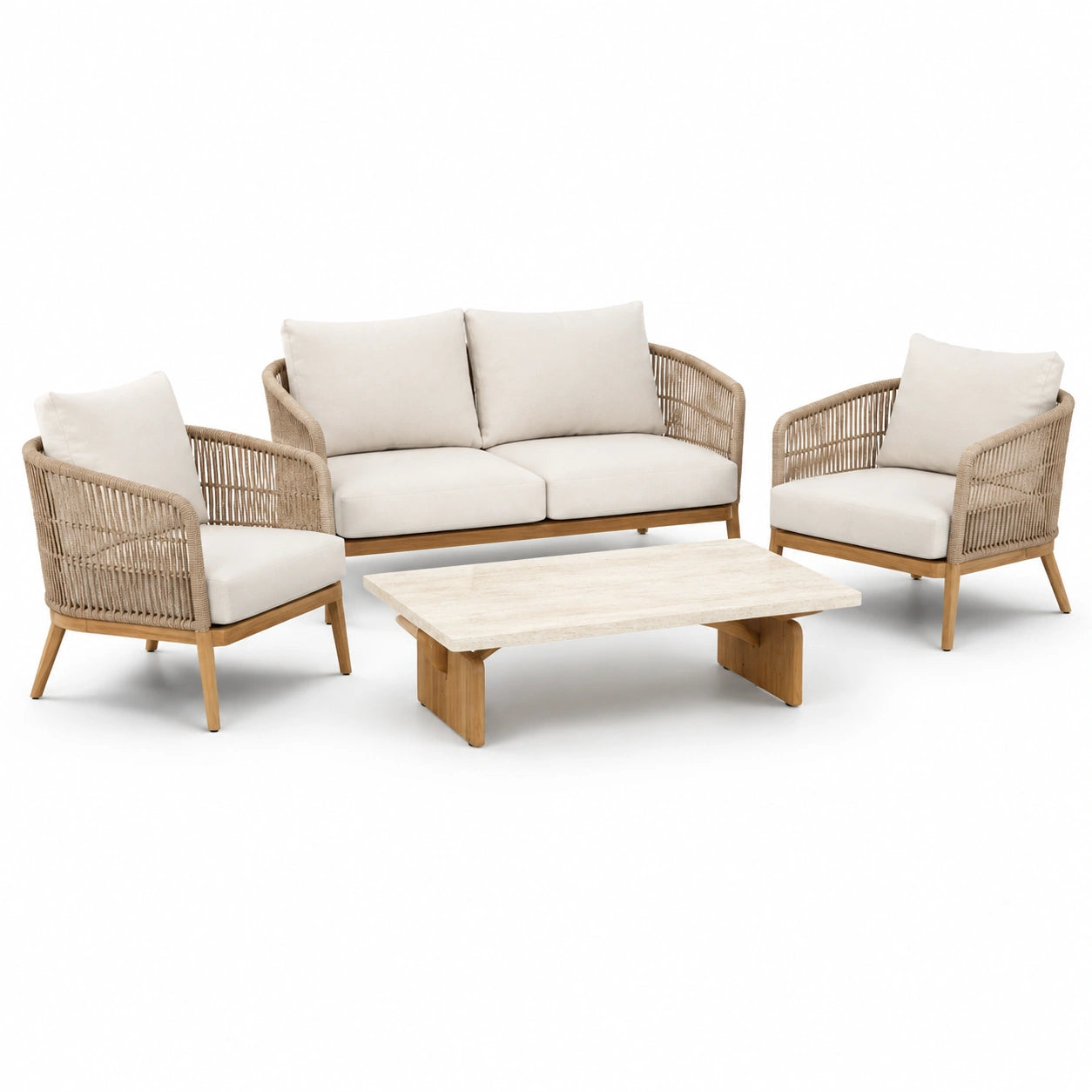 4-teilige Garten-Sitzgruppe in Beige, Natur und Cremeweiß – Zweisitzer 158 × 82 × 78 cm, 2 Sessel 77 × 82 × 76 cm, Tisch 110 × 65 × 35 cm