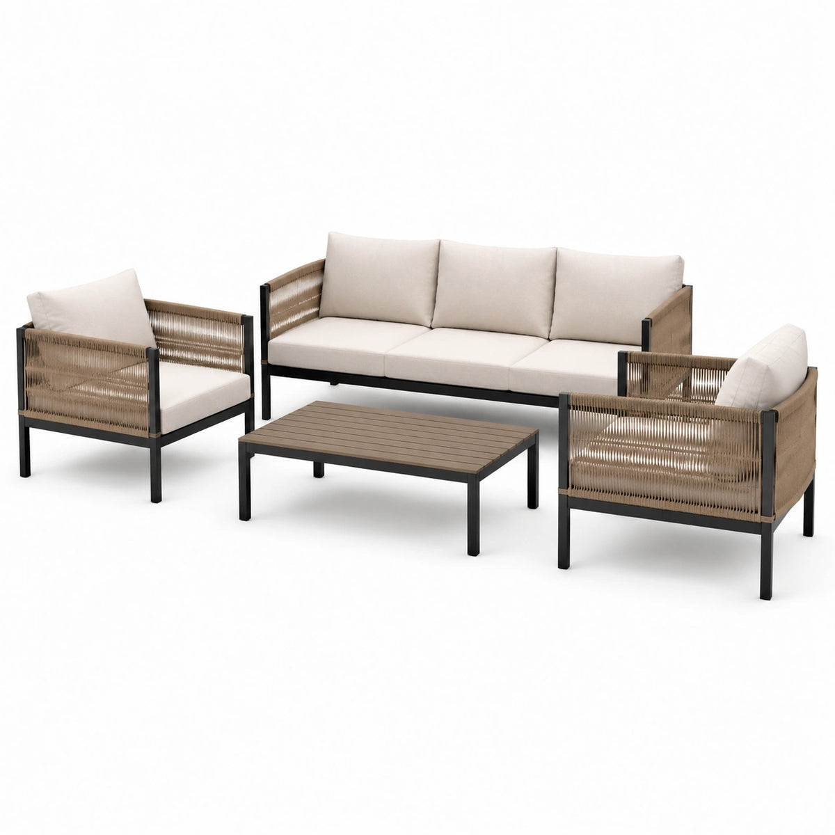 4-teiliges Gartenmöbelset mit 3-Sitzer-Sofa 190 × 78 × 78 cm, 2 Sesseln 75 × 78 × 78 cm und Couchtisch 100 × 60 × 40 cm – Beige, Braun und Schwarz