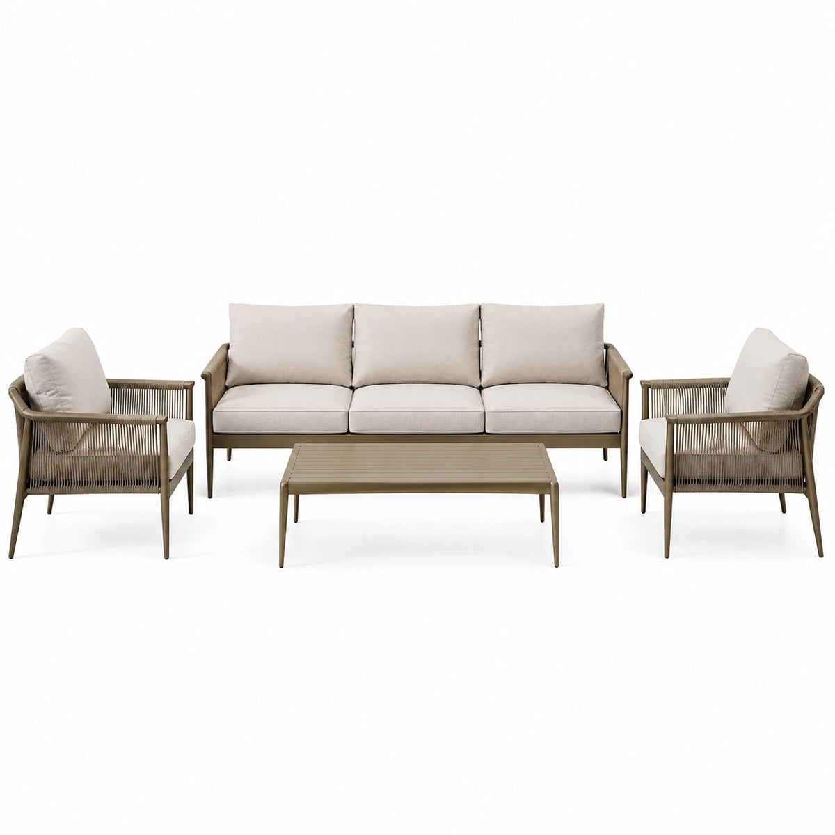 4-teiliges Gartenmöbel-Set in Taupe und Beige mit Dreisitzer-Sofa 195 × 77 × 81 cm, 2 Sesseln 76 × 77 × 81 cm und Couchtisch 110 × 60 × 39 cm