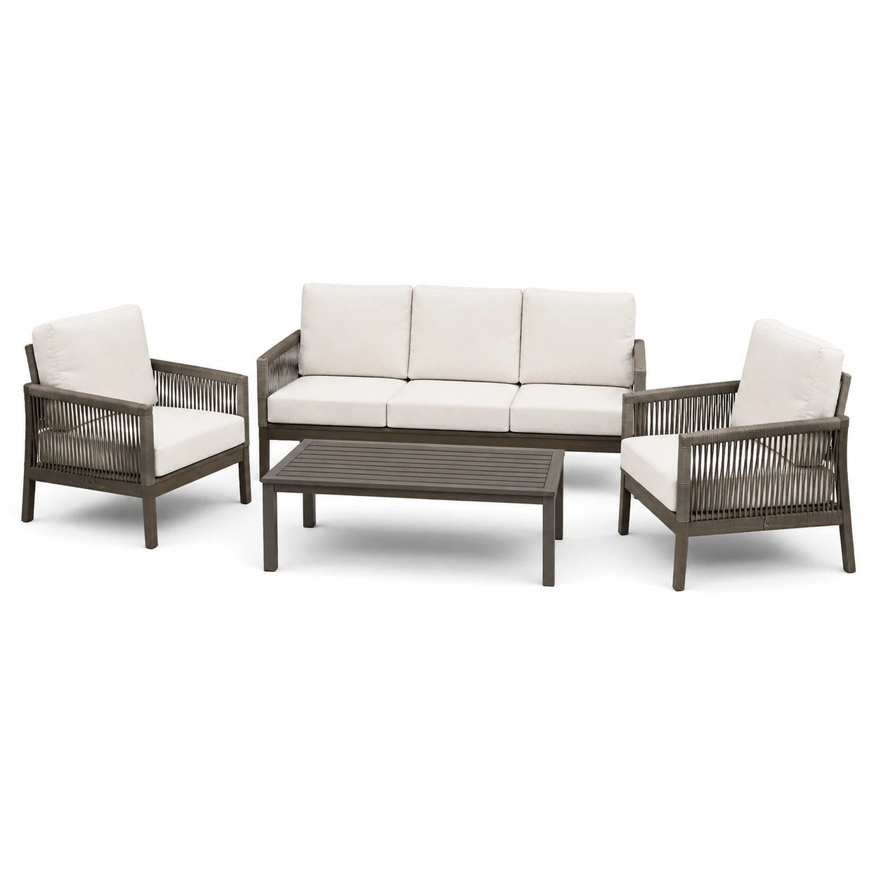 4-teiliges Gartenmöbel-Set in Braun und Creme mit 3-Sitzer-Sofa 190 × 76 × 78 cm, 2 Sesseln 74 × 76 × 78 cm und Couchtisch 110 × 60 × 42 cm