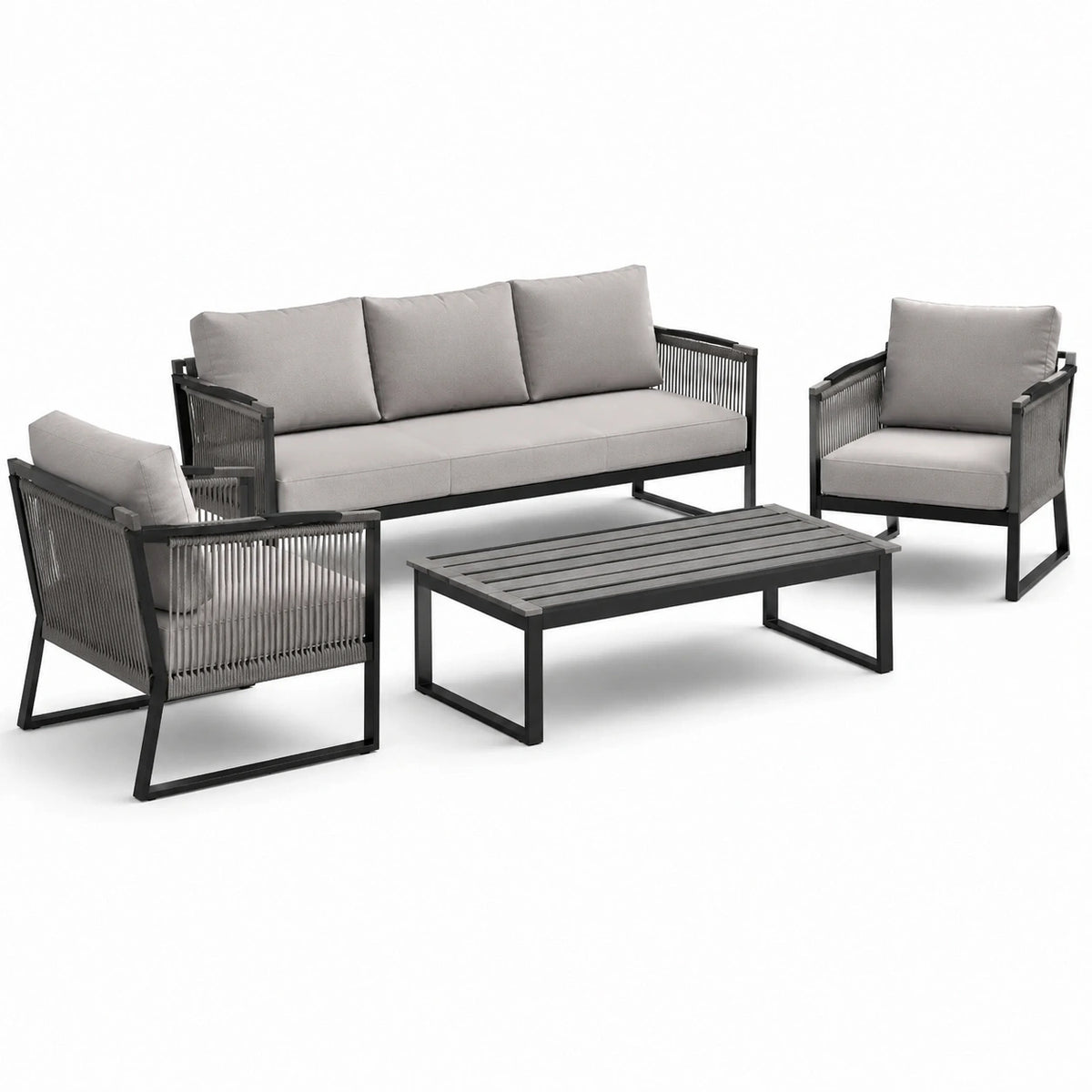 4-teilige Garten-Sitzgruppe Grau und Schwarz – Dreisitzer 190 × 75 × 78 cm, Sessel 72 × 75 × 78 cm, Tisch 110 × 60 × 38 cm