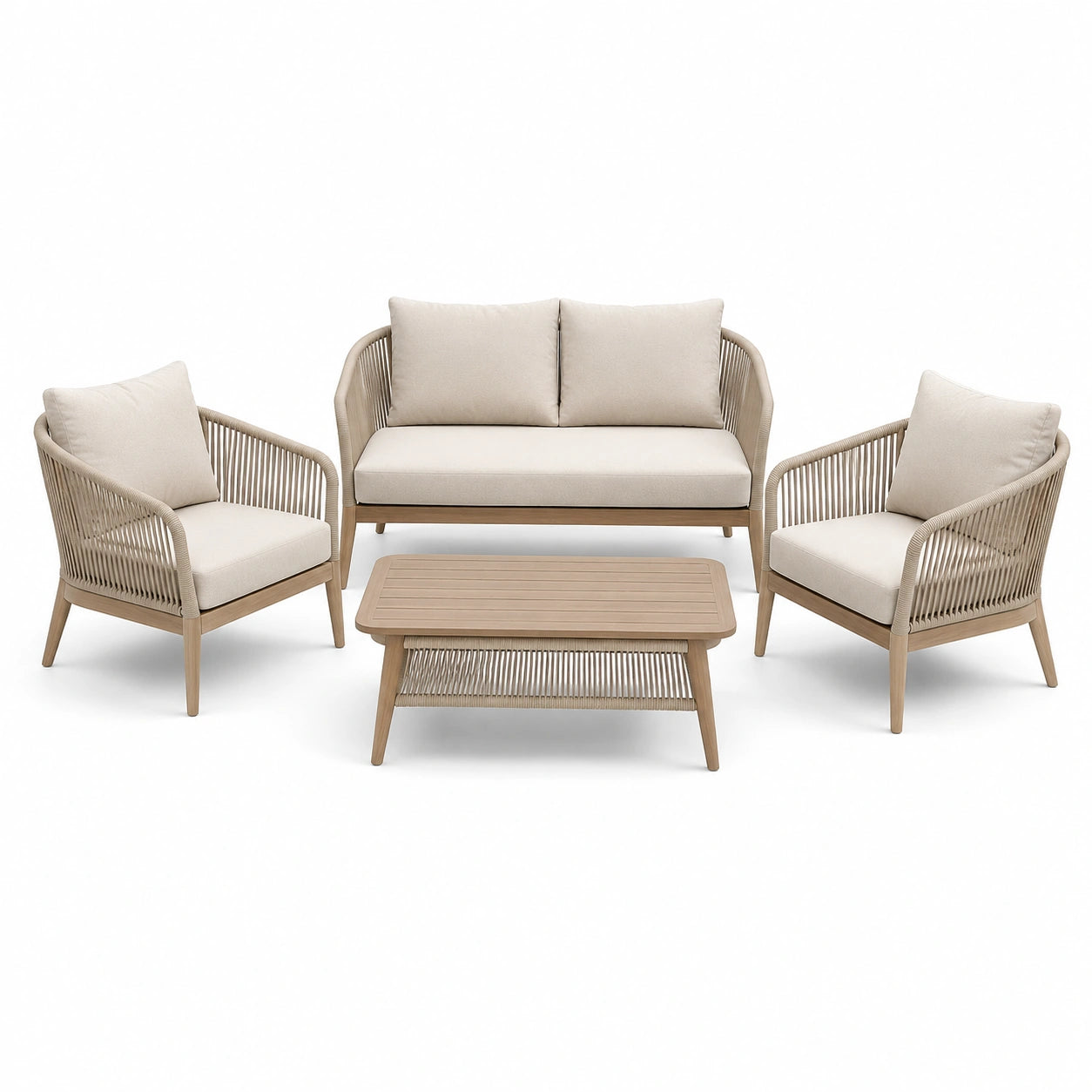 4-teilige Garten-Sitzgruppe Beige und Hellbraun – Zweisitzer 127 × 76 × 79 cm, 2 Sessel 72 × 76 × 79 cm, Tisch 92 × 55 × 42 cm