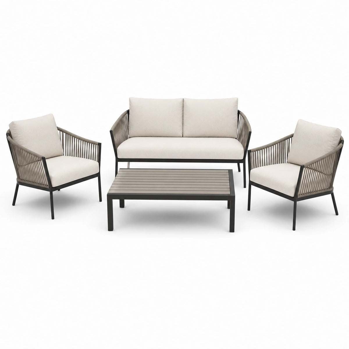 4-teiliges Gartenmöbel-Set in Beige, Grau und Anthrazit – Zweisitzer 147 × 74 × 78 cm, 2 Sessel 72 × 74 × 78 cm, Tisch 100 × 60 × 40 cm