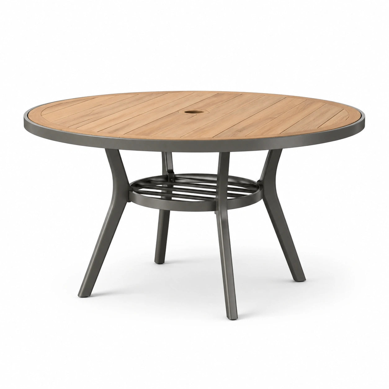 Runder Gartentisch aus Holz und Metall, Ø 120 × 74 cm, Braun/Anthrazit, mit Schirmöffnung