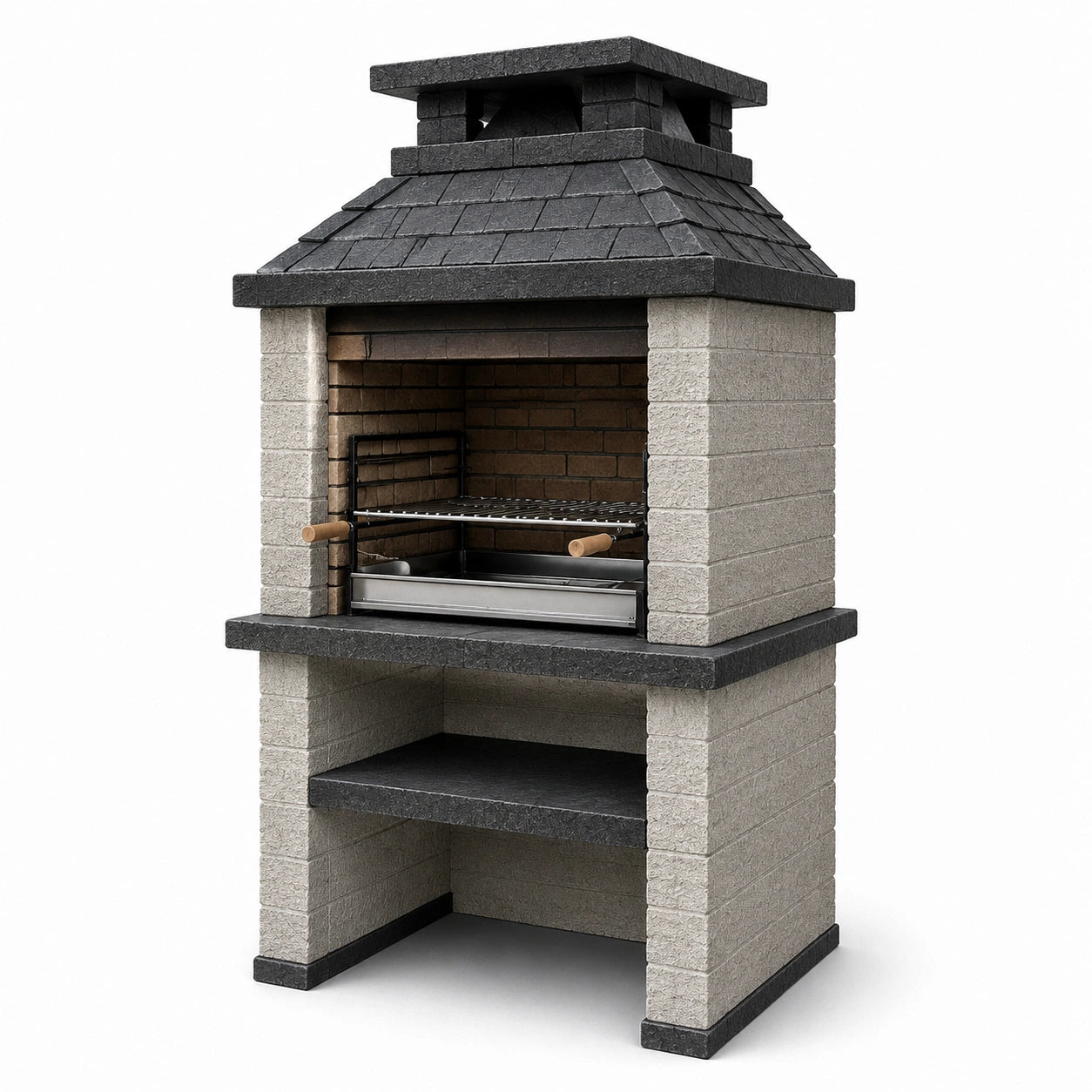 Gartenkamin mit höhenverstellbarem Grillrost und Ablage, 110 × 65 × 210 cm, Hellgrau und Anthrazit