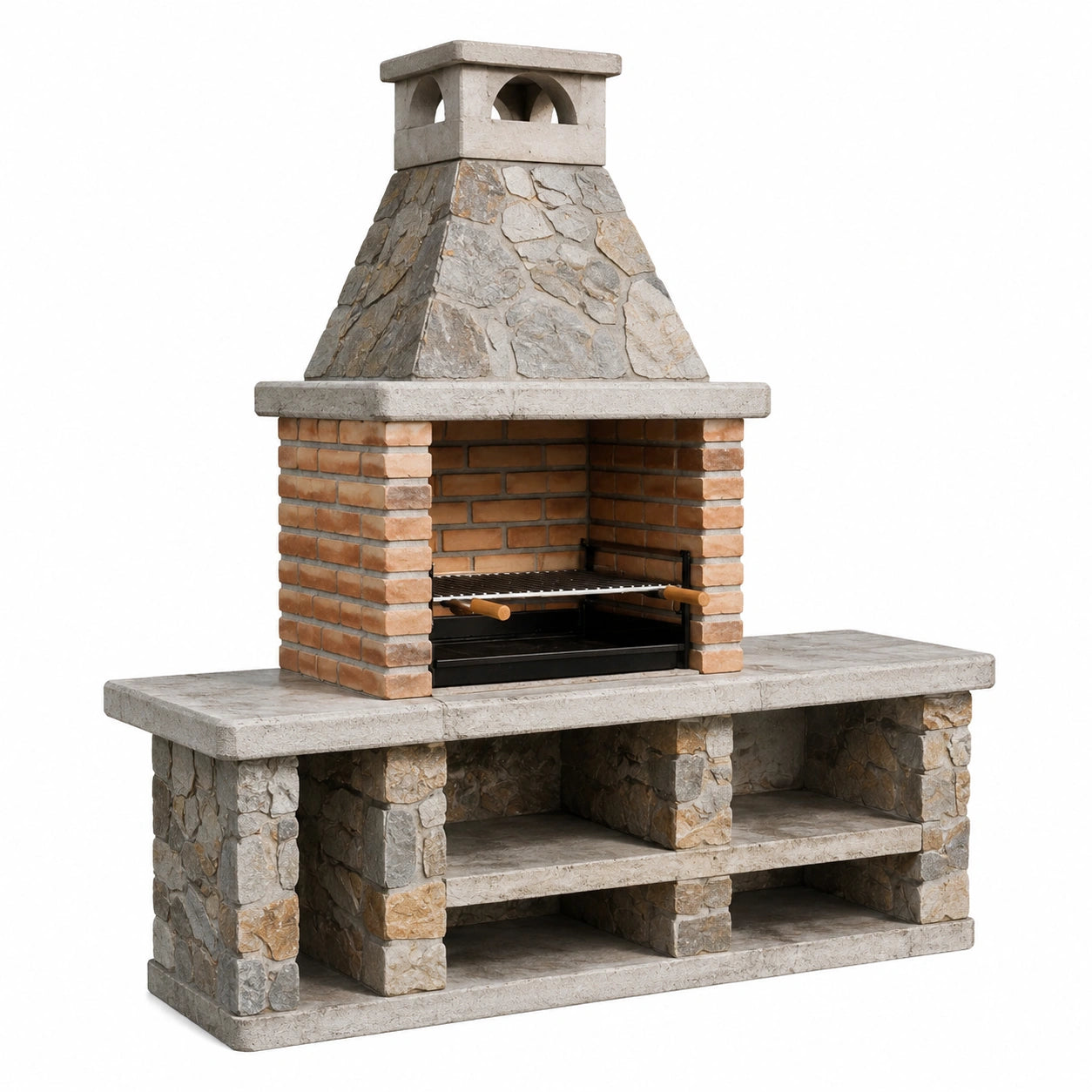 Rustikaler Grillkamin aus Naturstein und Ziegeln mit Arbeitsflächen und Ablagefächern, Grau/Braun/Schwarz, 180 × 80 × 220 cm