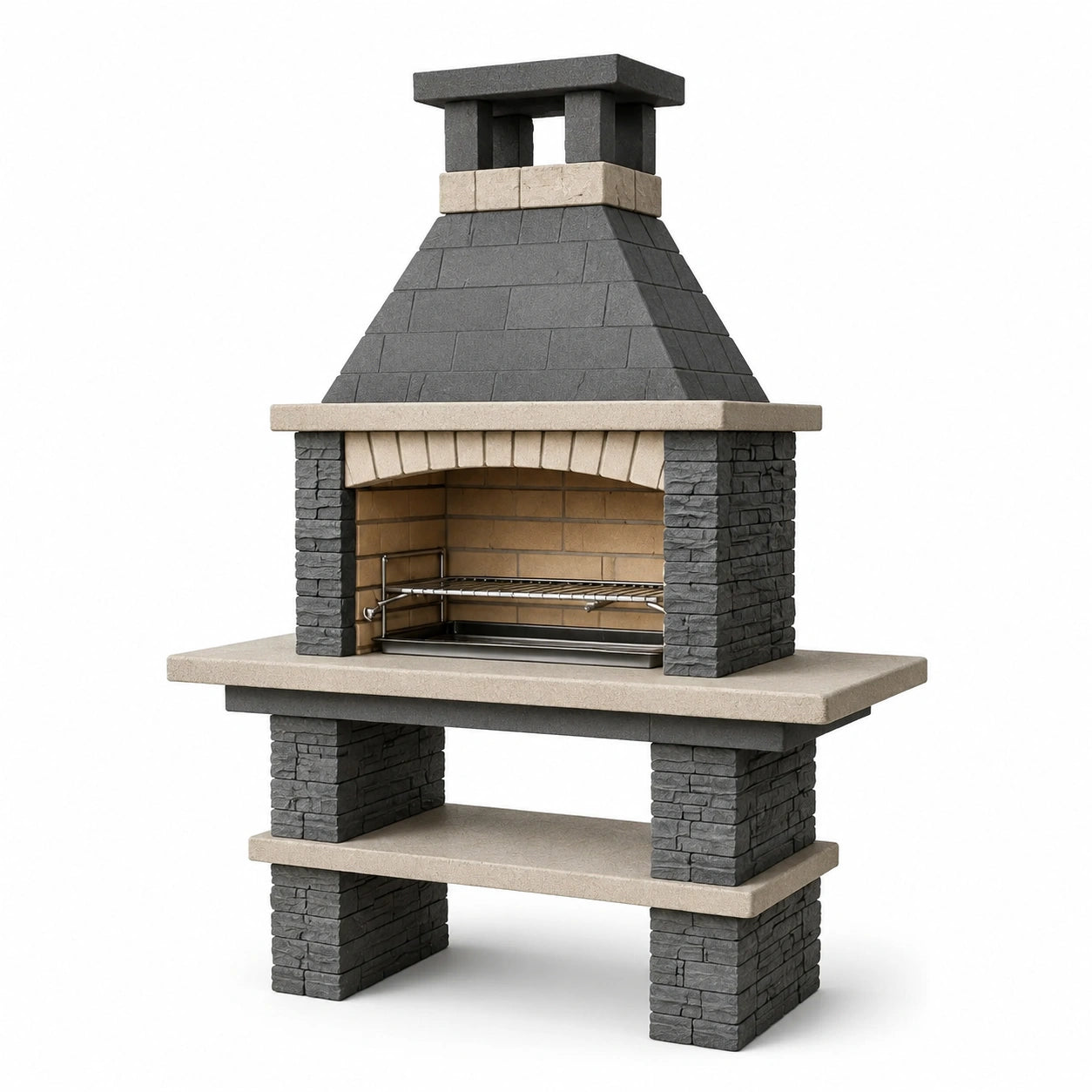 Gartenkamin aus Betonwerkstein mit Grillrost, Grau, Beige, Braun und Schwarz, 110 × 65 × 210 cm