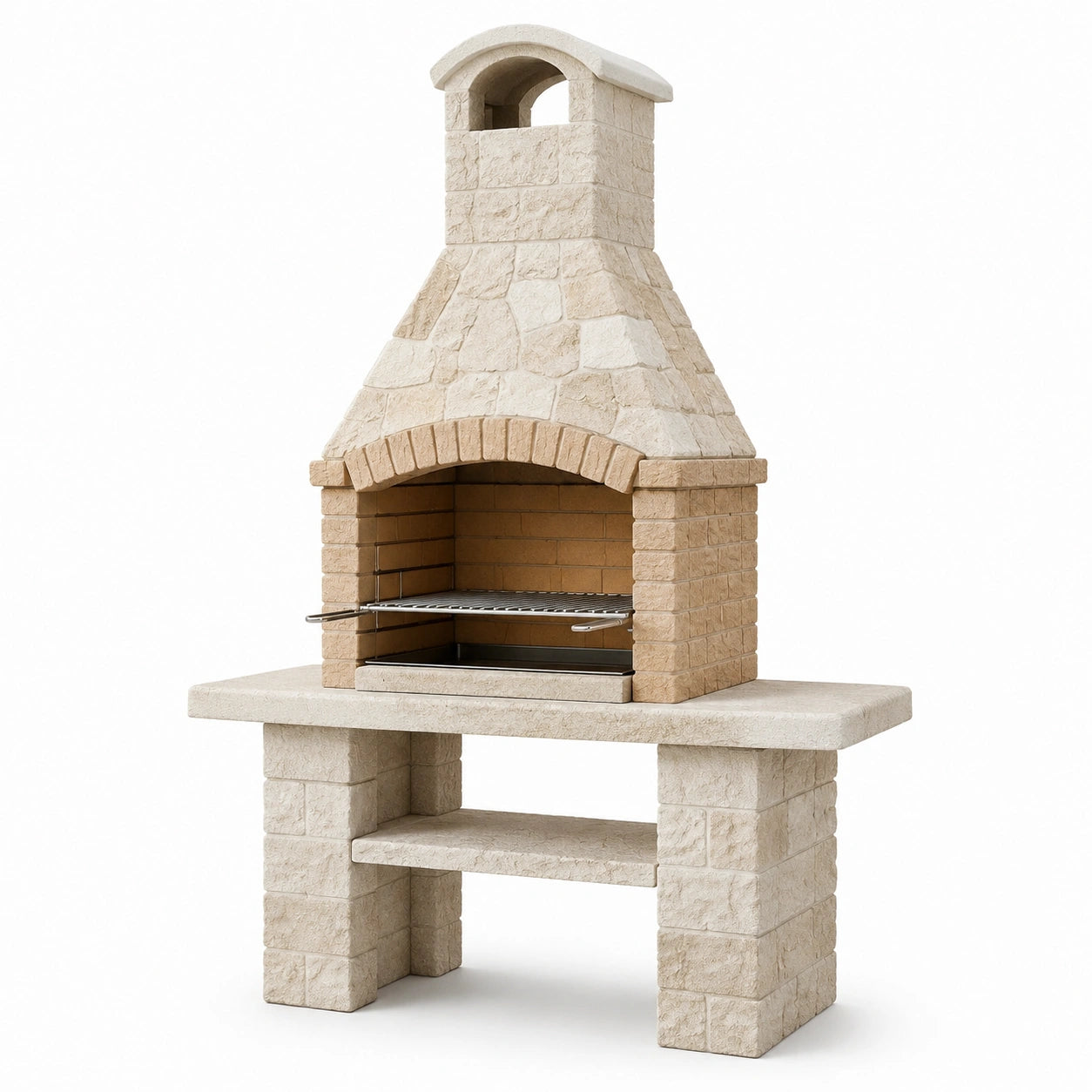 Gartenkamin mit höhenverstellbarem Grillrost, Beige/Braun/Silber, 120 × 70 × 215 cm