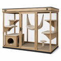 Katzengehege aus Holz und Metallgitter, 180 × 100 × 170 cm, Natur/Schwarz/Beige, mit Plattformen, Kratzsäulen, Höhle und Hängematten