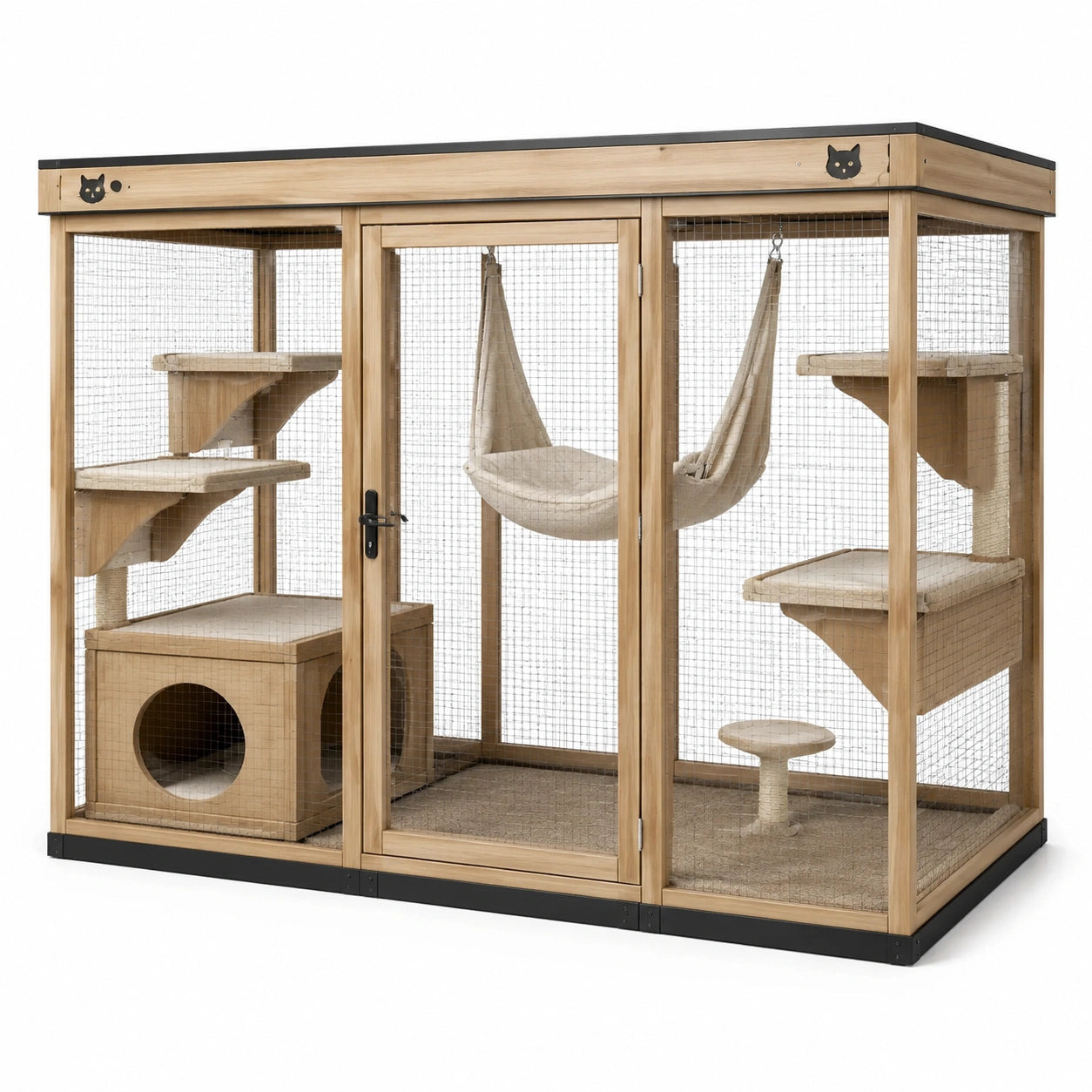Katzengehege aus Holz und Metallgitter, 180 × 100 × 170 cm, Natur/Schwarz/Beige, mit Plattformen, Kratzsäulen, Höhle und Hängematten
