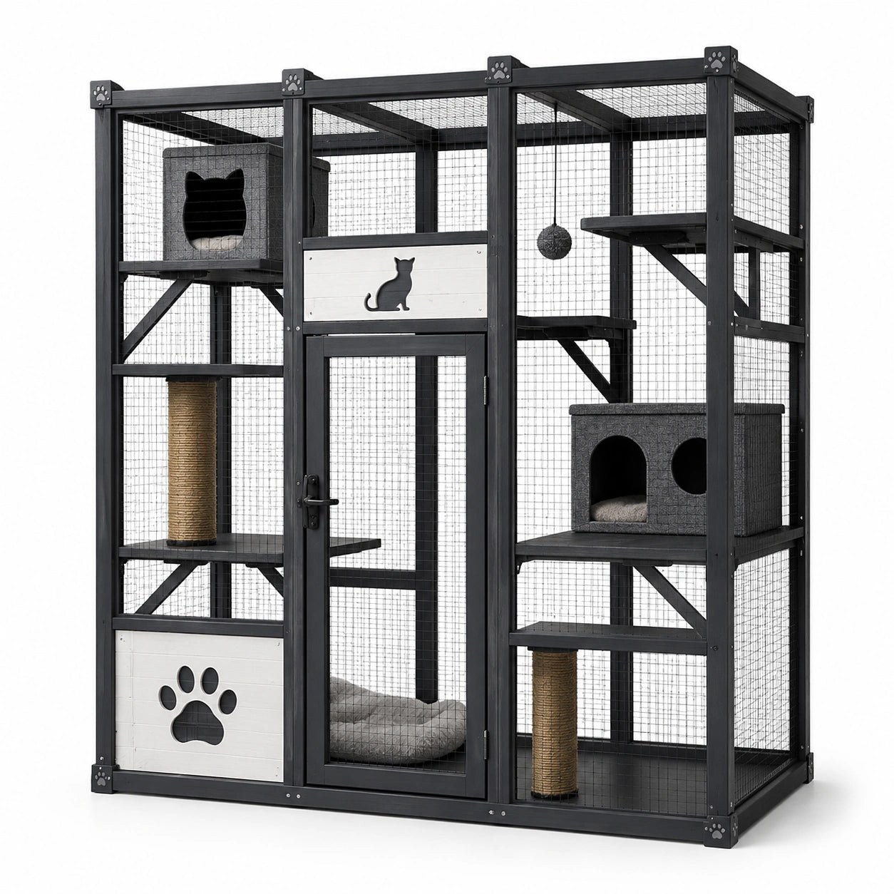 Katzengehege aus Holz und Metall, 180 × 90 × 180 cm, Schwarz, Grau, Weiß und Natur, mehrstufig mit Kratzsäulen
