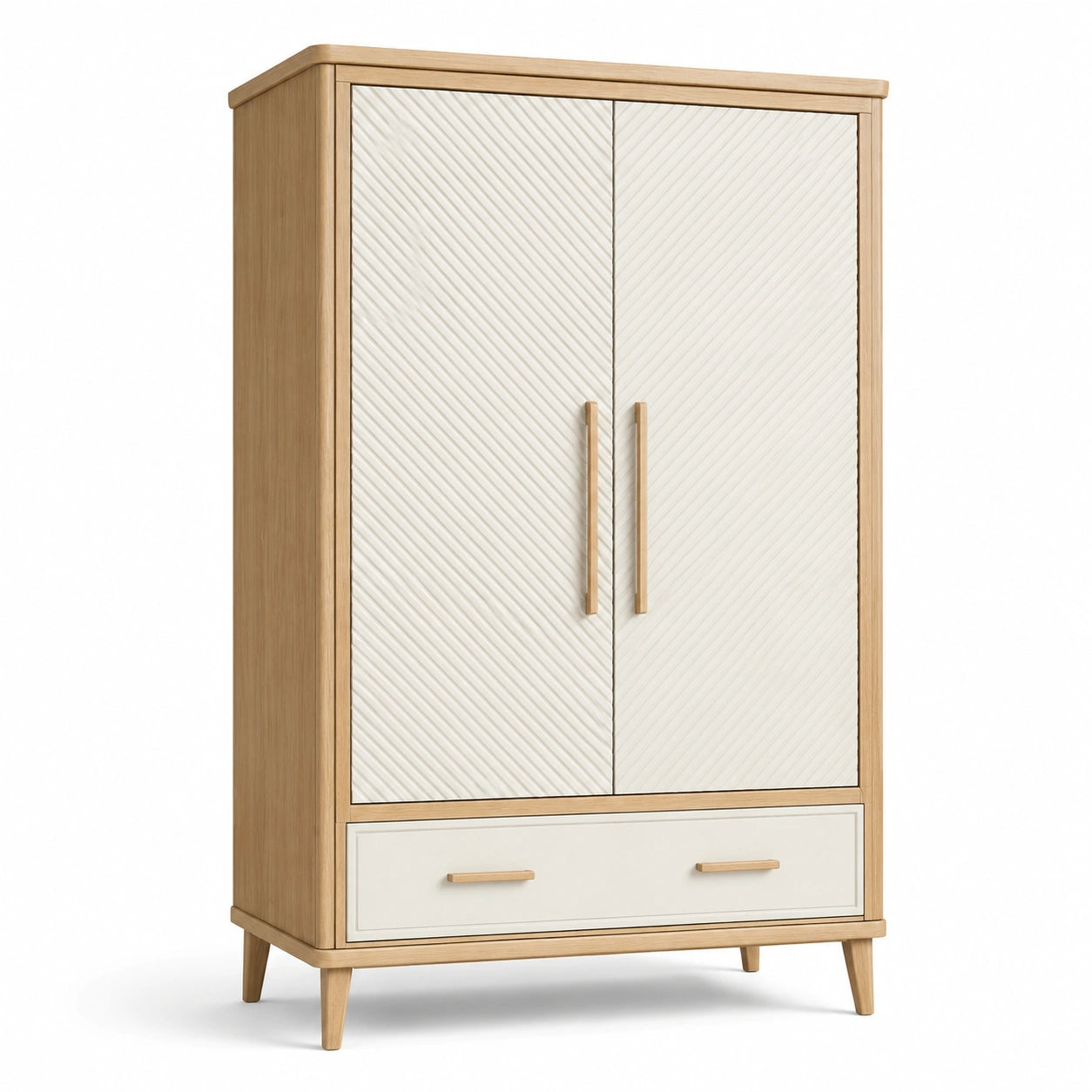 Moderner Kleiderschrank aus Holzwerkstoff mit 2 Türen und 1 Schublade, Eiche/Cremeweiß, 110 × 55 × 190 cm