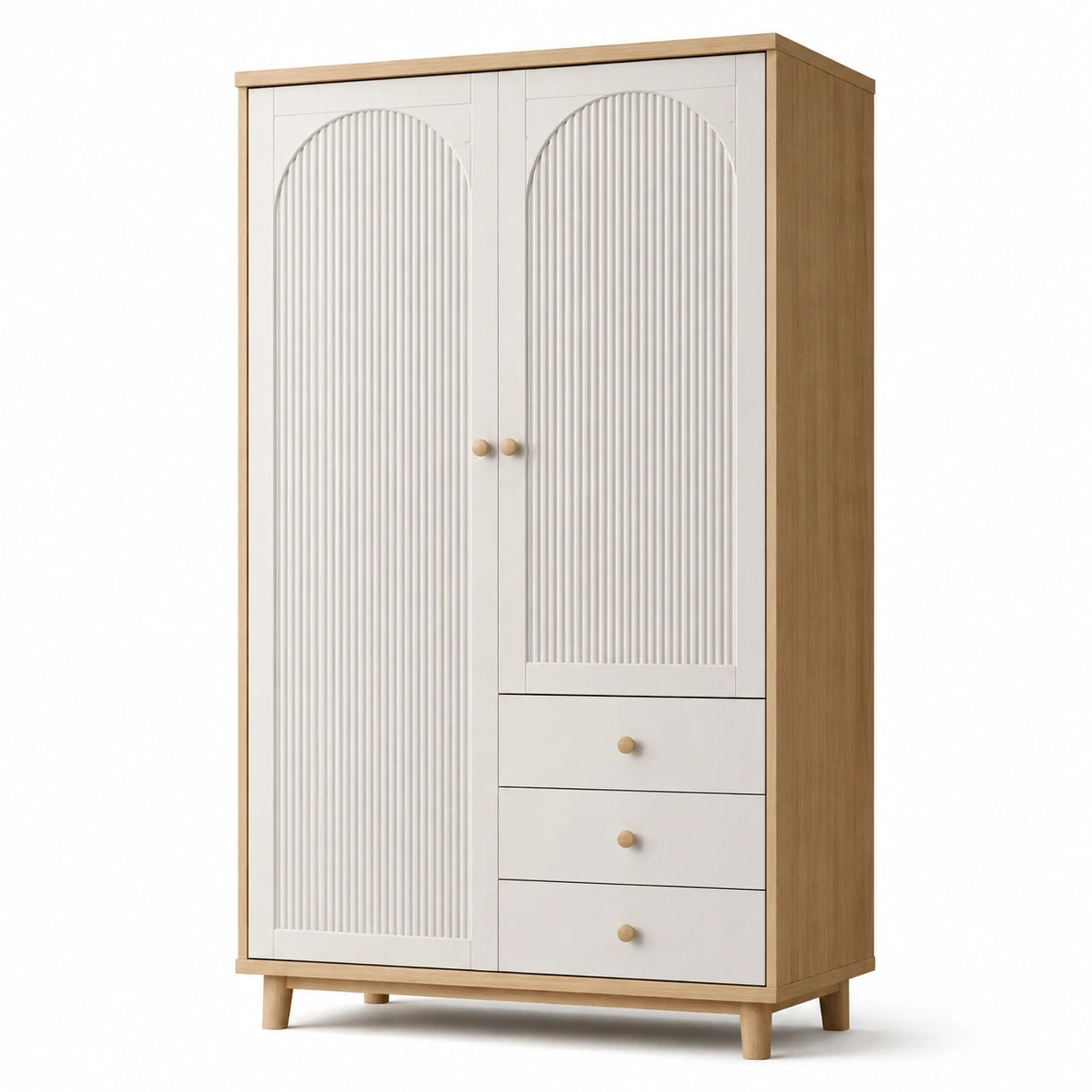 Kleiderschrank in Weiß und Natur, 120 × 55 × 190 cm, 2 Türen und 3 Schubladen