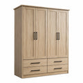 Kleiderschrank mit 4 Türen und 4 Schubladen, 160 × 55 × 210 cm, Eiche Natur und Schwarz, Landhausstil