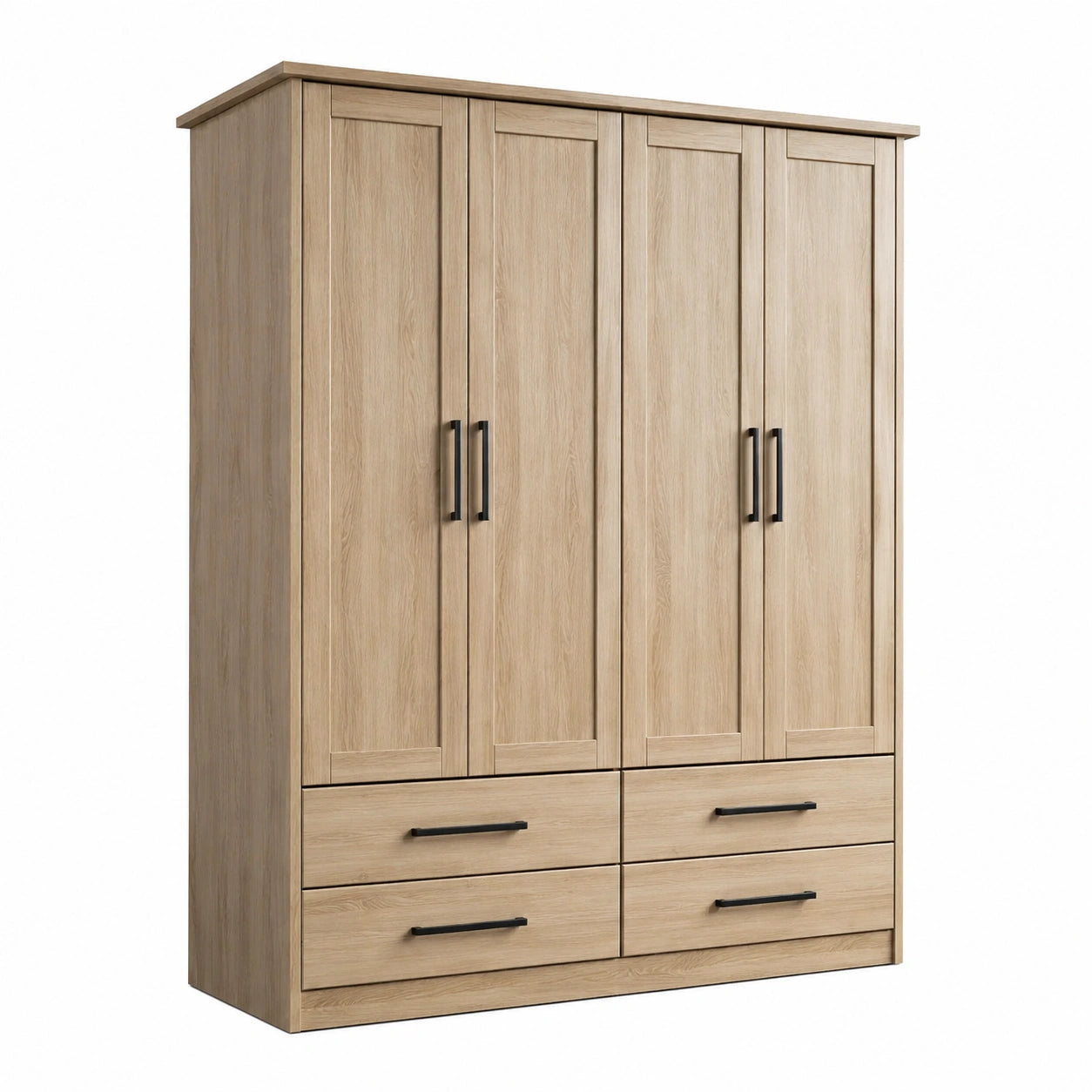 Kleiderschrank mit 4 Türen und 4 Schubladen, 160 × 55 × 210 cm, Eiche Natur und Schwarz, Landhausstil