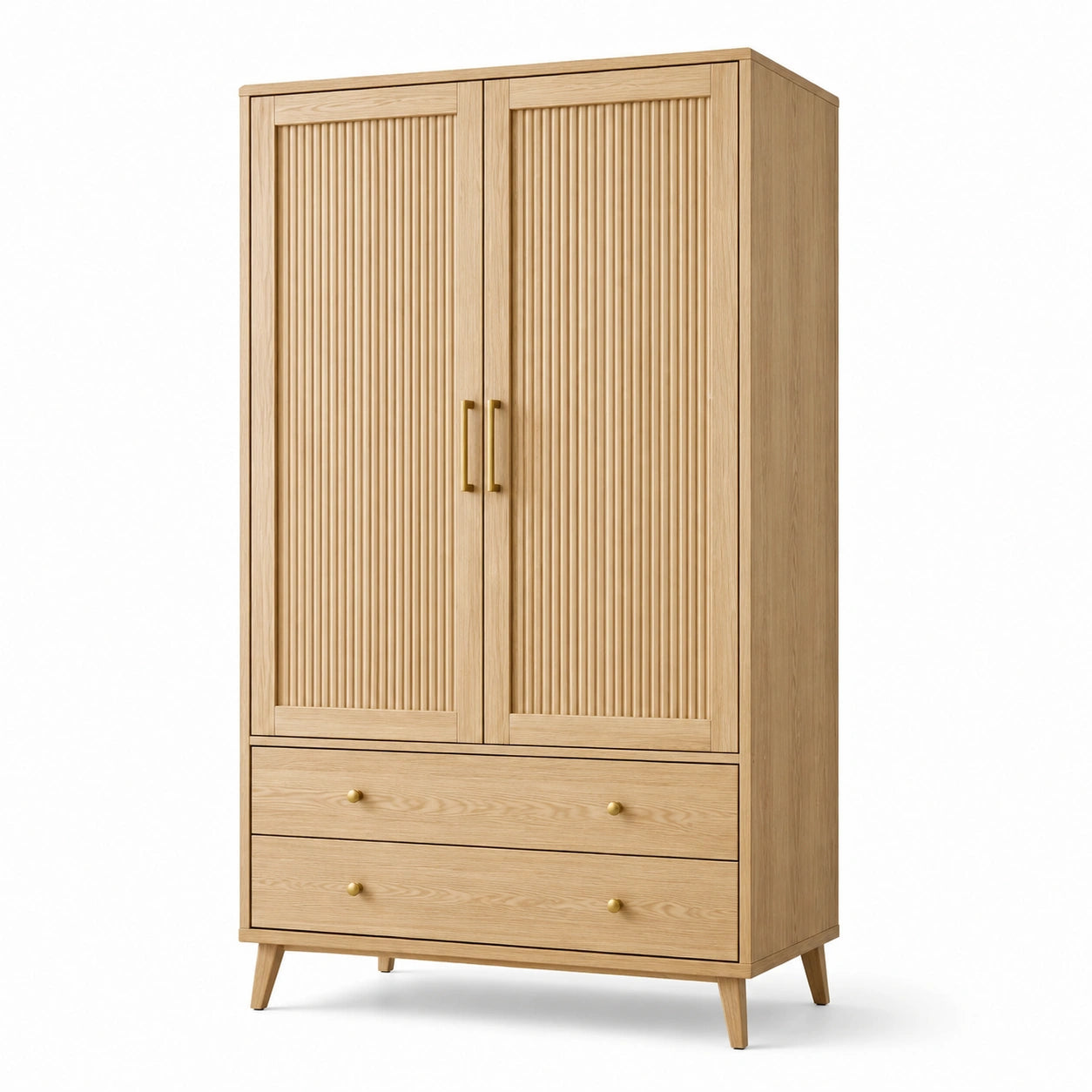 Kleiderschrank mit 2 Türen und 2 Schubladen, Eiche Natur und Gold, 100 × 55 × 180 cm