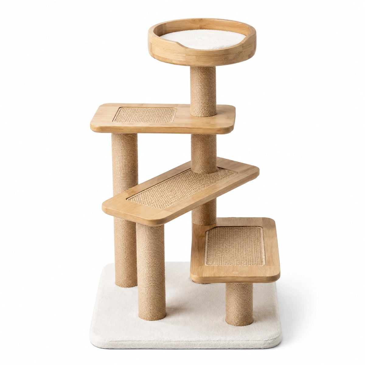 Mehrstufiger Kratzbaum aus Holz, Sisal und Plüsch mit Liegebett, 80 × 60 × 138 cm, Natur, Weiß und Beige