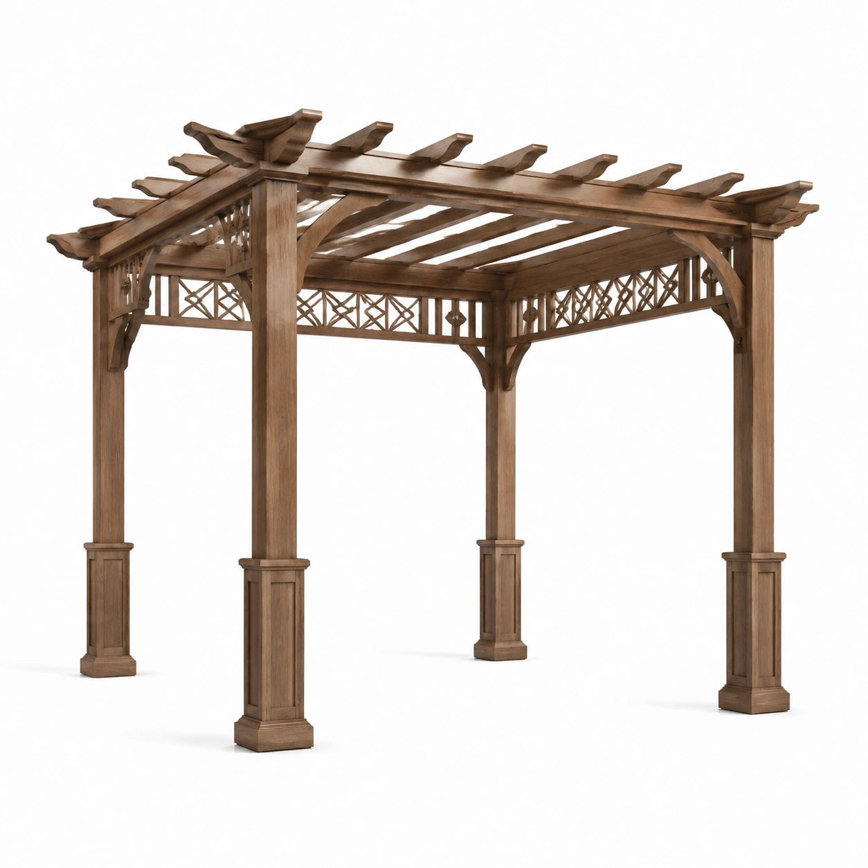 Freistehende Holzpergola in Braun mit offenem Lamellendach, 365 × 305 × 290 cm