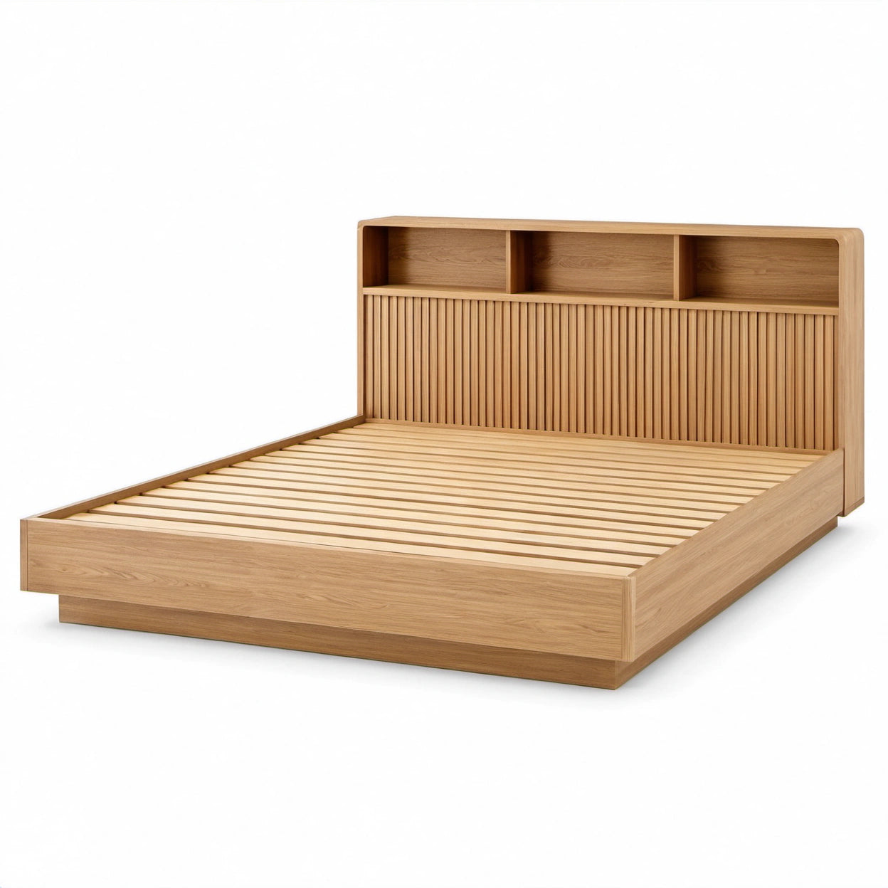 Doppelbettgestell Eiche Natur mit Regal-Kopfteil und Lattenrost, 220 × 190 × 120 cm, für Matratze 180 × 200 cm