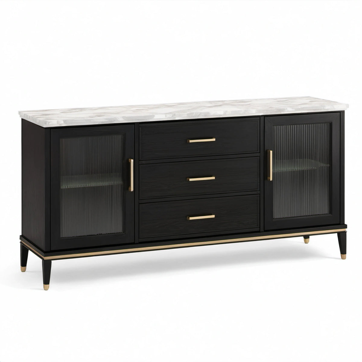 Sideboard aus Holzwerkstoff mit Riffelglas und Marmoroptik, Schwarz, Weiß und Gold, 160 × 40 × 80 cm