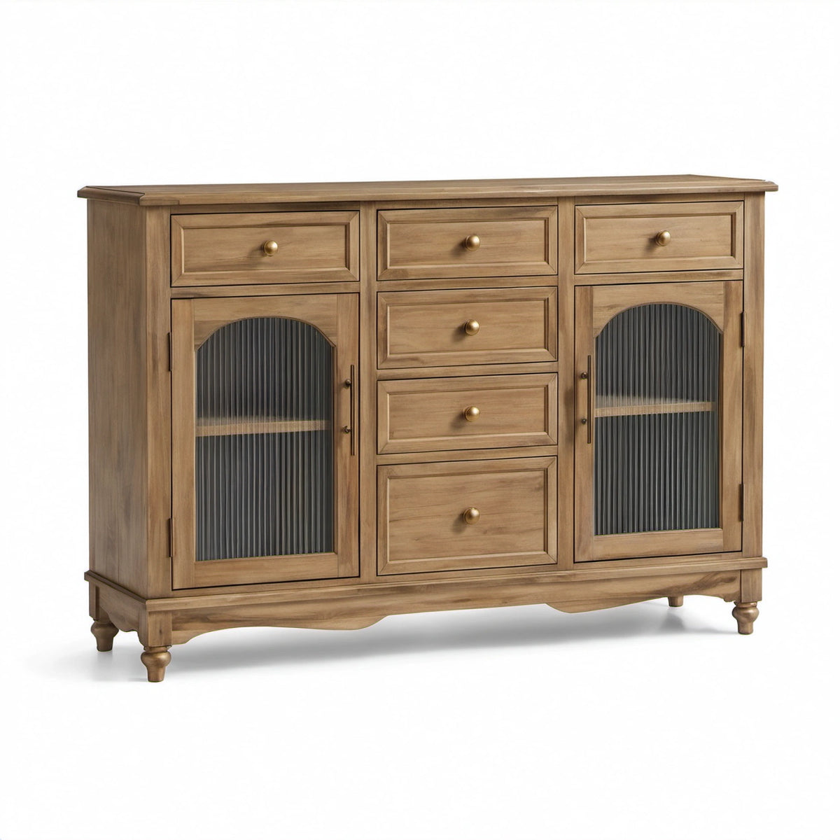 Sideboard im Landhausstil, Braun, 150 × 40 × 100 cm, mit 6 Schubladen und 2 geriffelten Glastüren