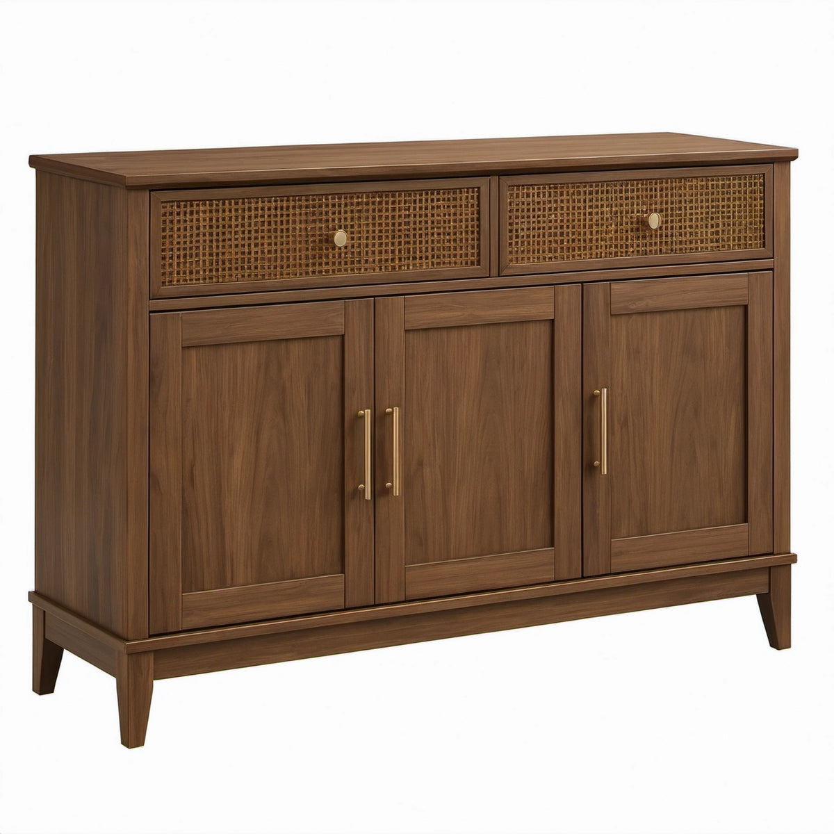 Sideboard aus Holzwerkstoff mit Rattangeflecht, Braun und Messingfarben, 140 × 40 × 90 cm, 3 Türen und 2 Schubladen