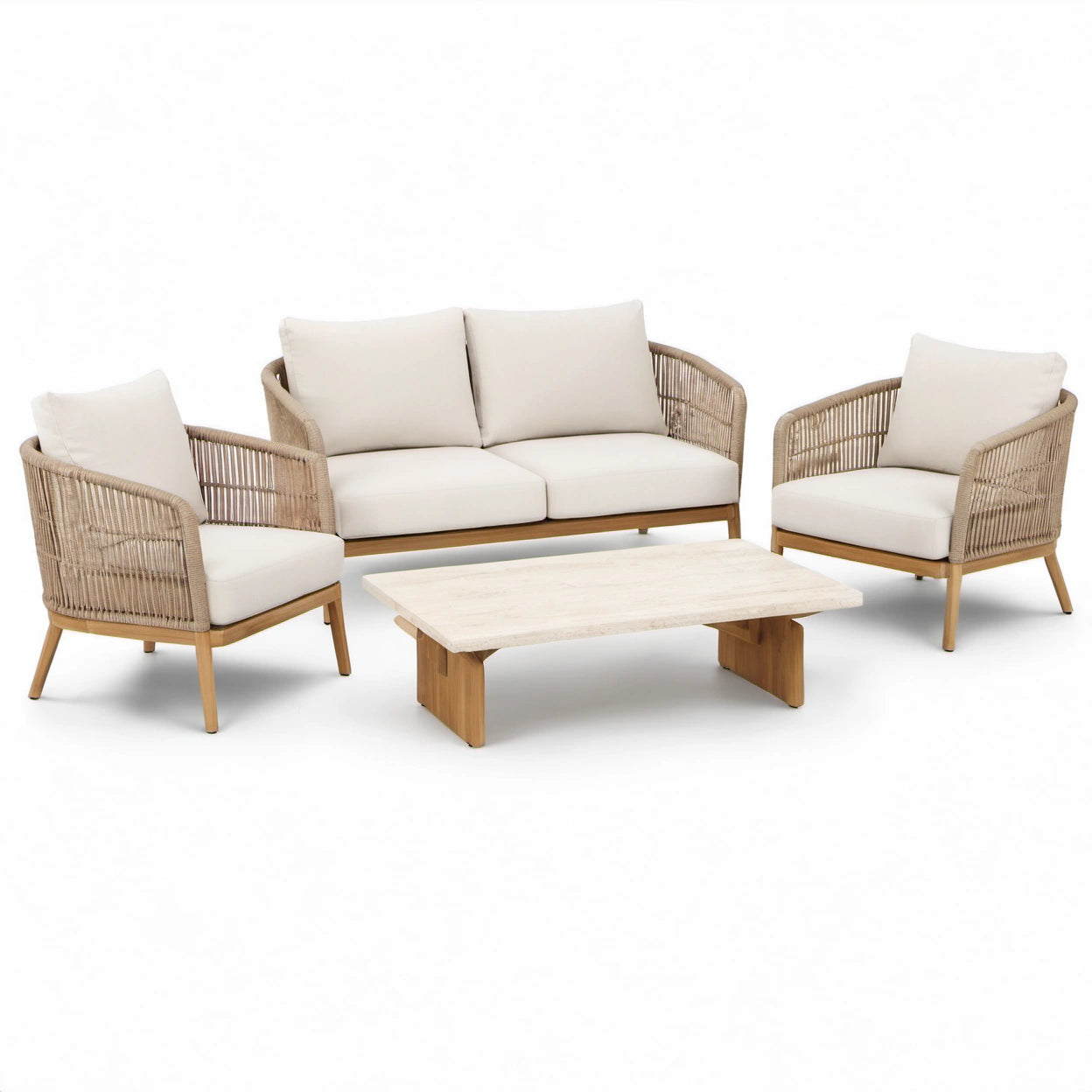 4-teilige Garten-Sitzgruppe in Beige, Natur und Cremeweiß – Zweisitzer 158 × 82 × 78 cm, 2 Sessel 77 × 82 × 76 cm, Tisch 110 × 65 × 35 cm
