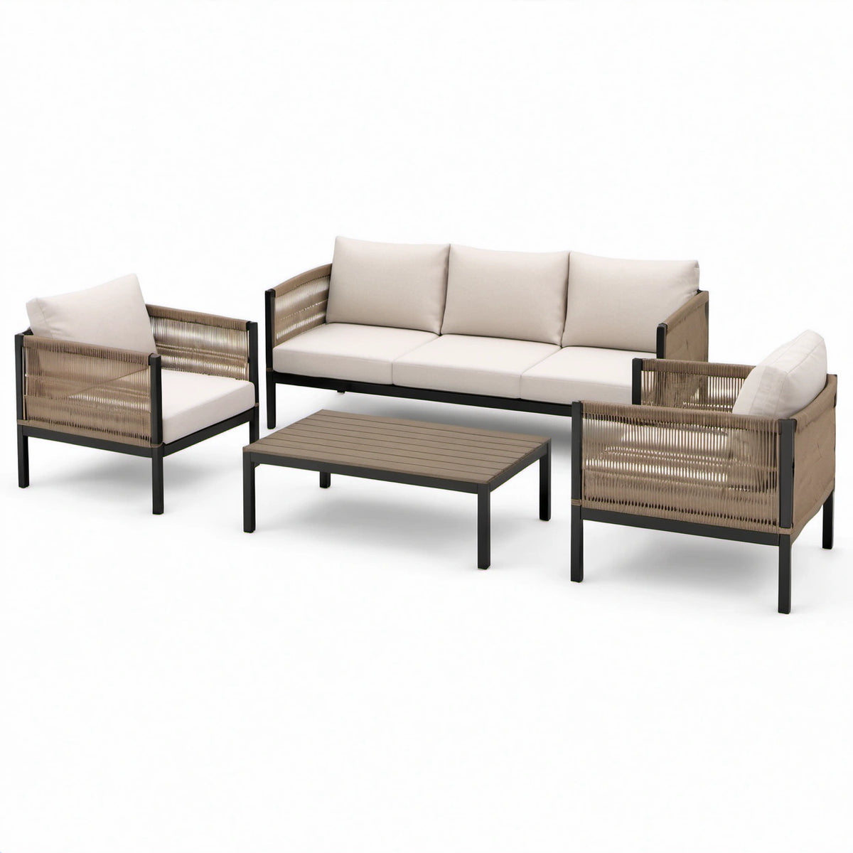 4-teiliges Gartenmöbelset mit 3-Sitzer-Sofa 190 × 78 × 78 cm, 2 Sesseln 75 × 78 × 78 cm und Couchtisch 100 × 60 × 40 cm – Beige, Braun und Schwarz