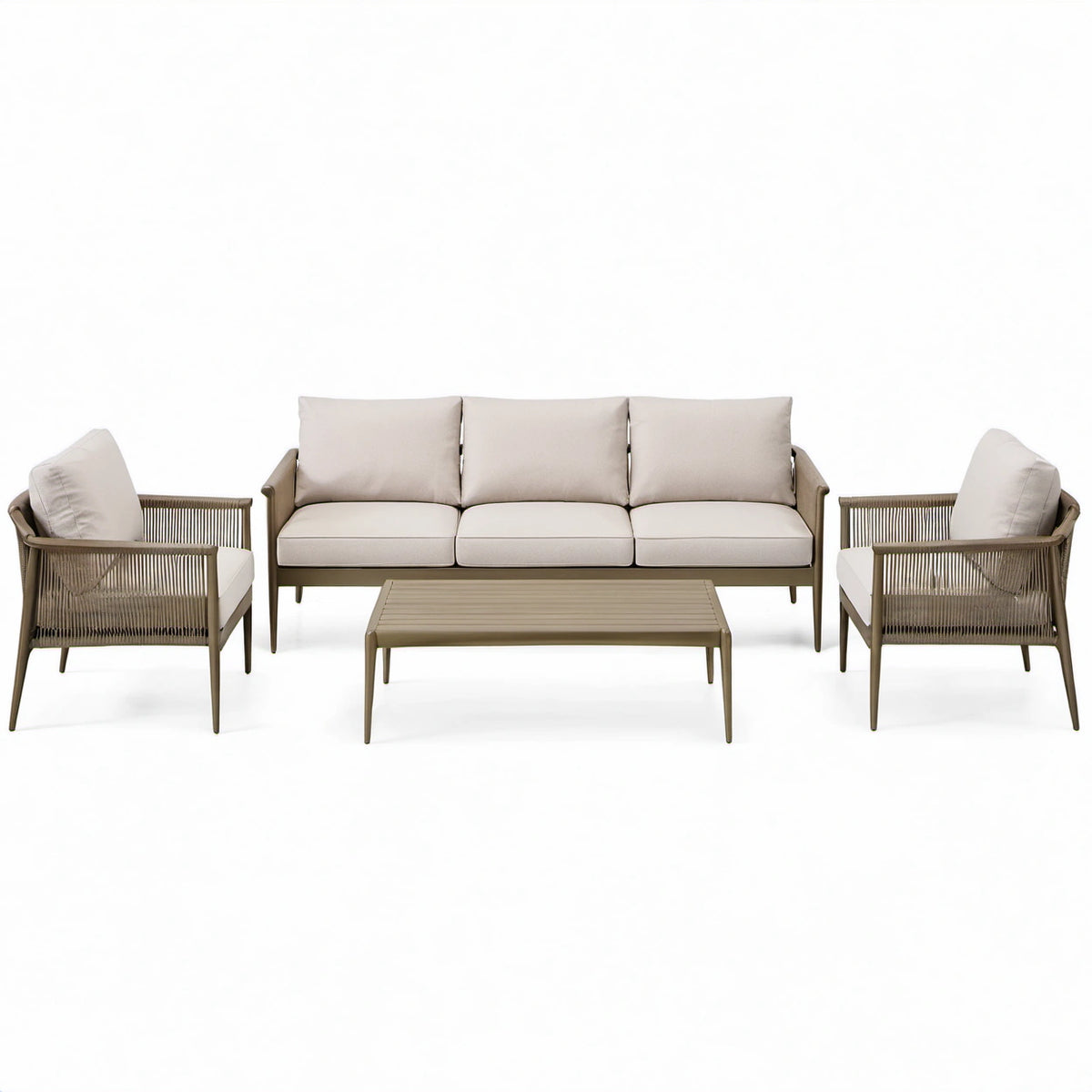 4-teiliges Gartenmöbel-Set in Taupe und Beige mit Dreisitzer-Sofa 195 × 77 × 81 cm, 2 Sesseln 76 × 77 × 81 cm und Couchtisch 110 × 60 × 39 cm