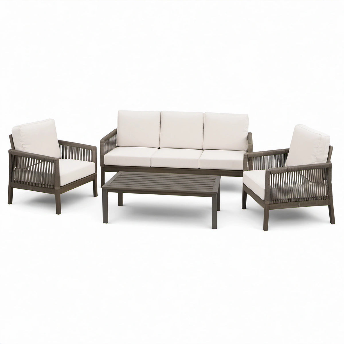 4-teiliges Gartenmöbel-Set in Braun und Creme mit 3-Sitzer-Sofa 190 × 76 × 78 cm, 2 Sesseln 74 × 76 × 78 cm und Couchtisch 110 × 60 × 42 cm