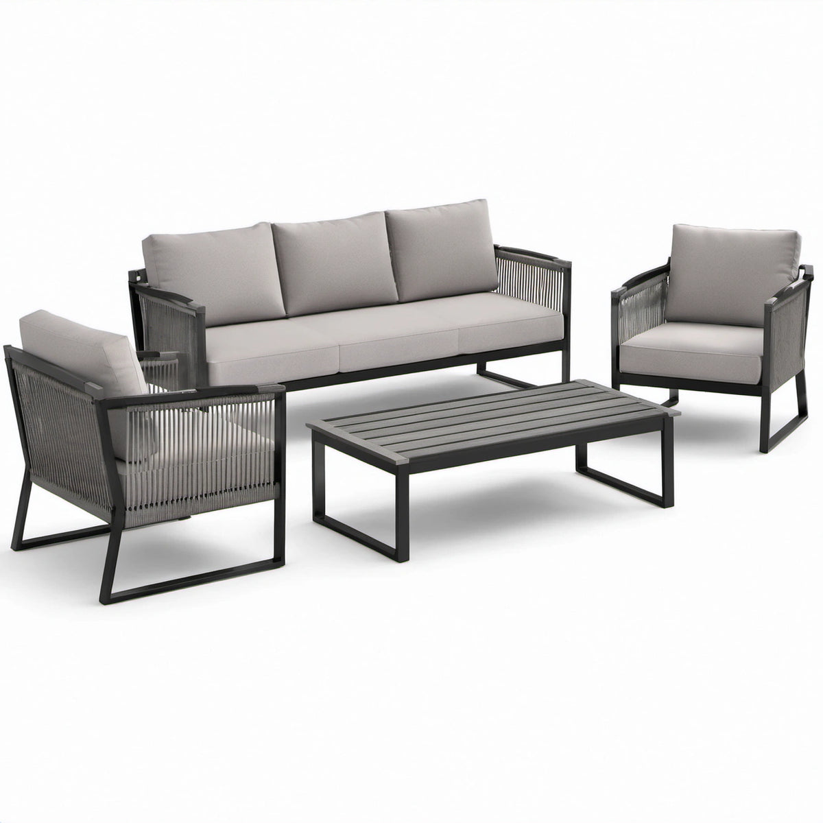 4-teilige Garten-Sitzgruppe Grau und Schwarz – Dreisitzer 190 × 75 × 78 cm, Sessel 72 × 75 × 78 cm, Tisch 110 × 60 × 38 cm