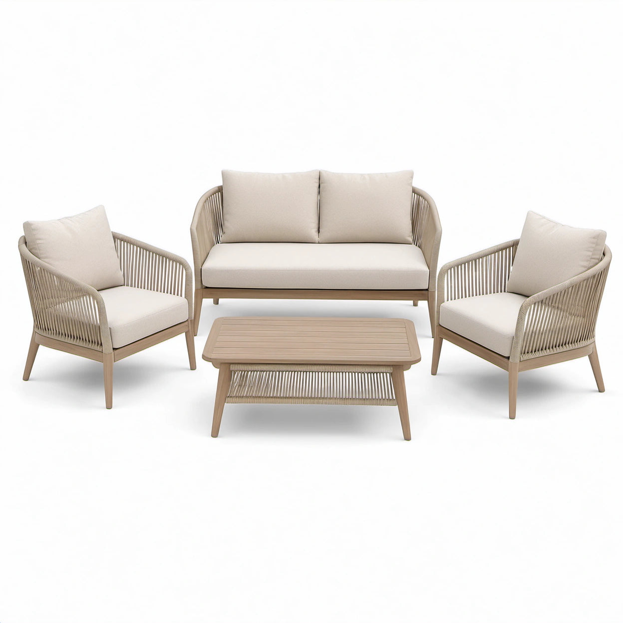 4-teilige Garten-Sitzgruppe Beige und Hellbraun – Zweisitzer 127 × 76 × 79 cm, 2 Sessel 72 × 76 × 79 cm, Tisch 92 × 55 × 42 cm