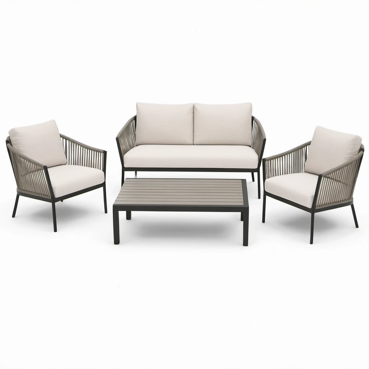 4-teiliges Gartenmöbel-Set in Beige, Grau und Anthrazit – Zweisitzer 147 × 74 × 78 cm, 2 Sessel 72 × 74 × 78 cm, Tisch 100 × 60 × 40 cm