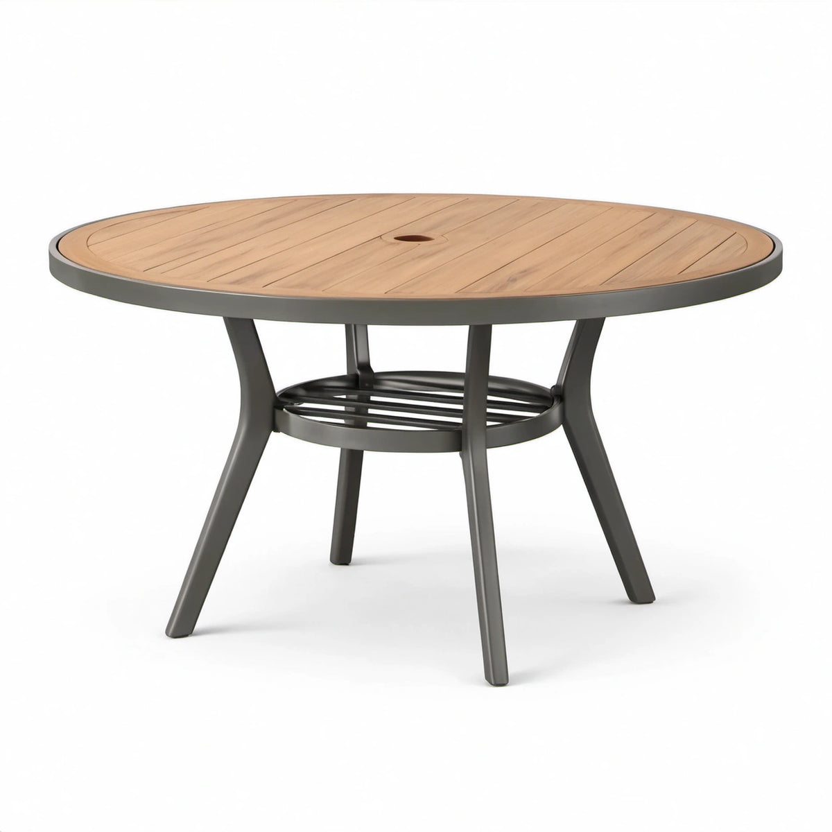 Runder Gartentisch aus Holz und Metall, Ø 120 × 74 cm, Braun/Anthrazit, mit Schirmöffnung