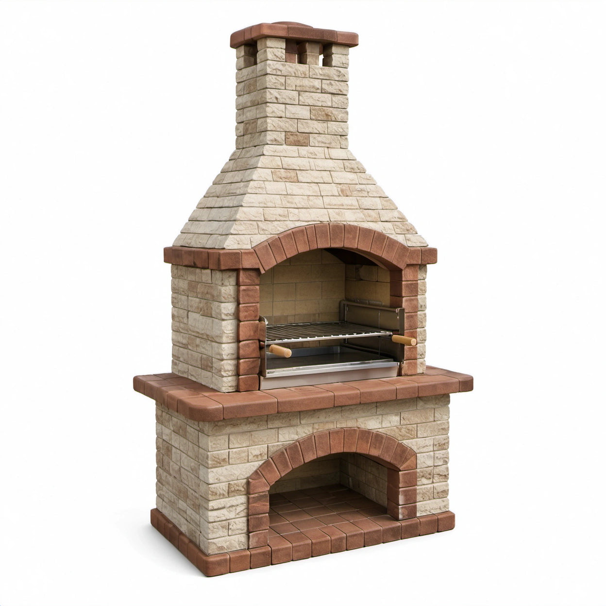 Gartengrillkamin aus Betonwerkstein mit höhenverstellbarem Edelstahlrost, Beige/Braun/Silber, 110 × 65 × 230 cm