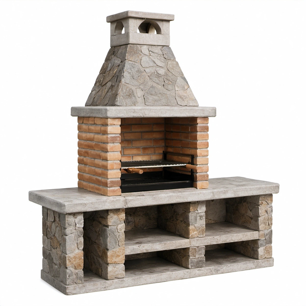 Rustikaler Grillkamin aus Naturstein und Ziegeln mit Arbeitsflächen und Ablagefächern, Grau/Braun/Schwarz, 180 × 80 × 220 cm