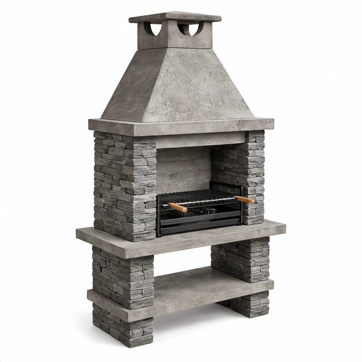 Gartenkamin aus Betonwerkstein mit Stahlgrill, Grau, Schwarz und Hellbraun, 110 × 65 × 210 cm