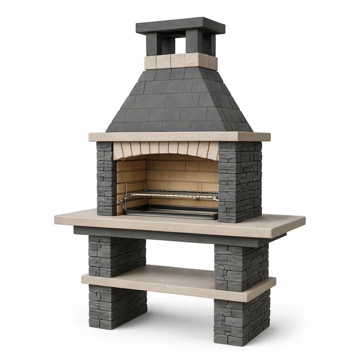 Gartenkamin aus Betonwerkstein mit Grillrost, Grau, Beige, Braun und Schwarz, 110 × 65 × 210 cm