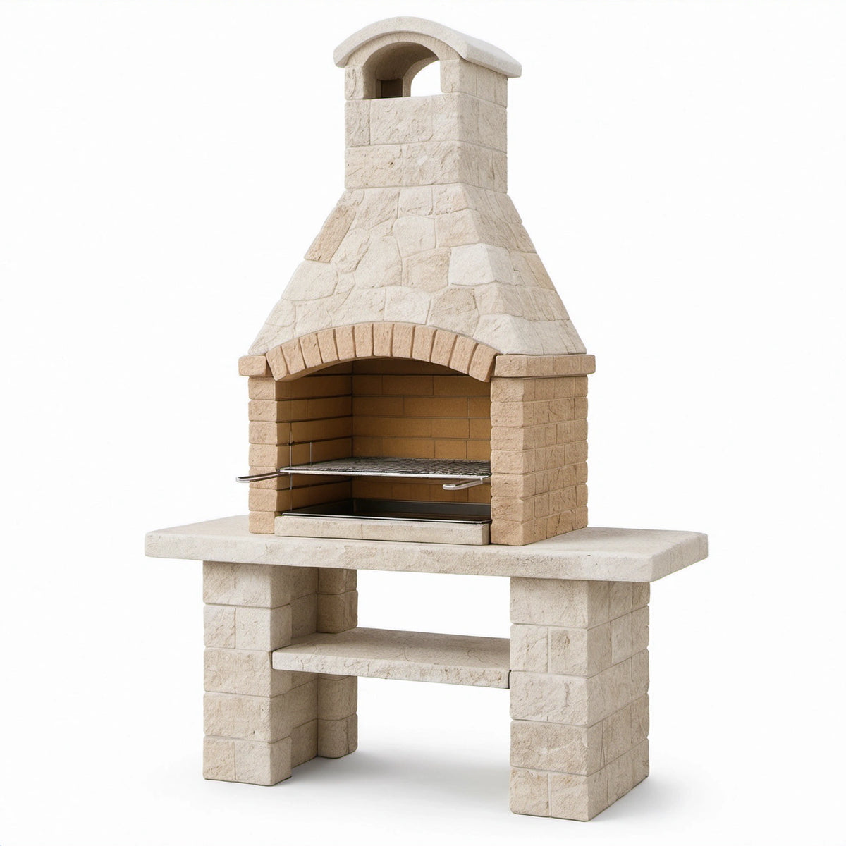Gartenkamin mit höhenverstellbarem Grillrost, Beige/Braun/Silber, 120 × 70 × 215 cm