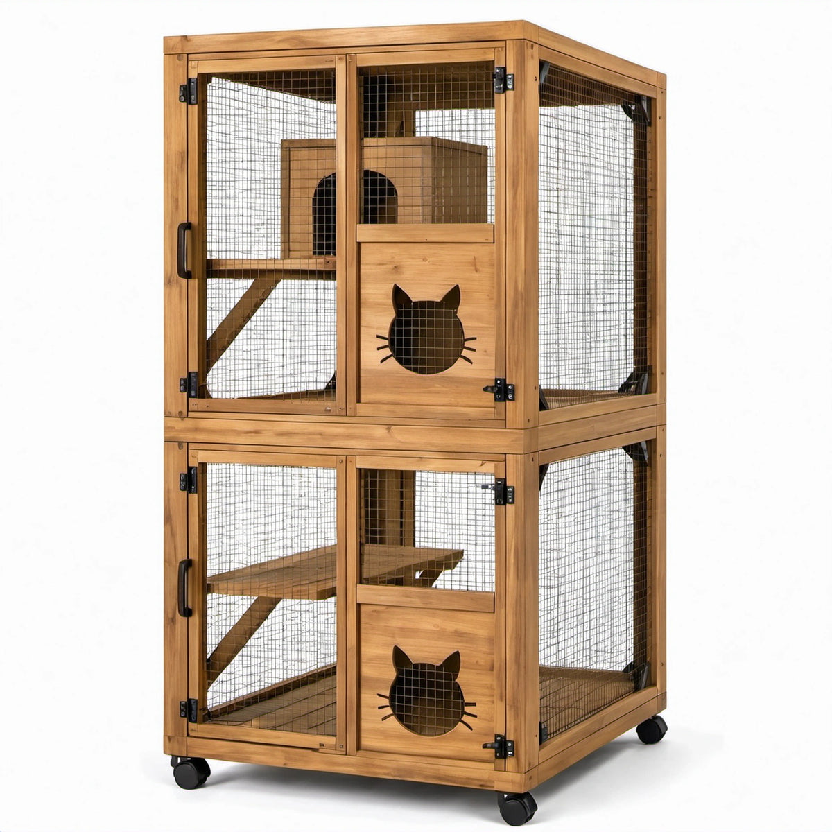 Zweistöckiges Katzengehege aus Holz und Metalldraht auf Rollen, 90 × 60 × 180 cm, Braun/Schwarz